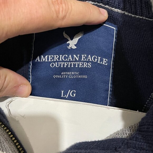 American Eagle 1/4 Zip Sweater Cotton Gray White Striped Mens Large - Picture 2 of 5